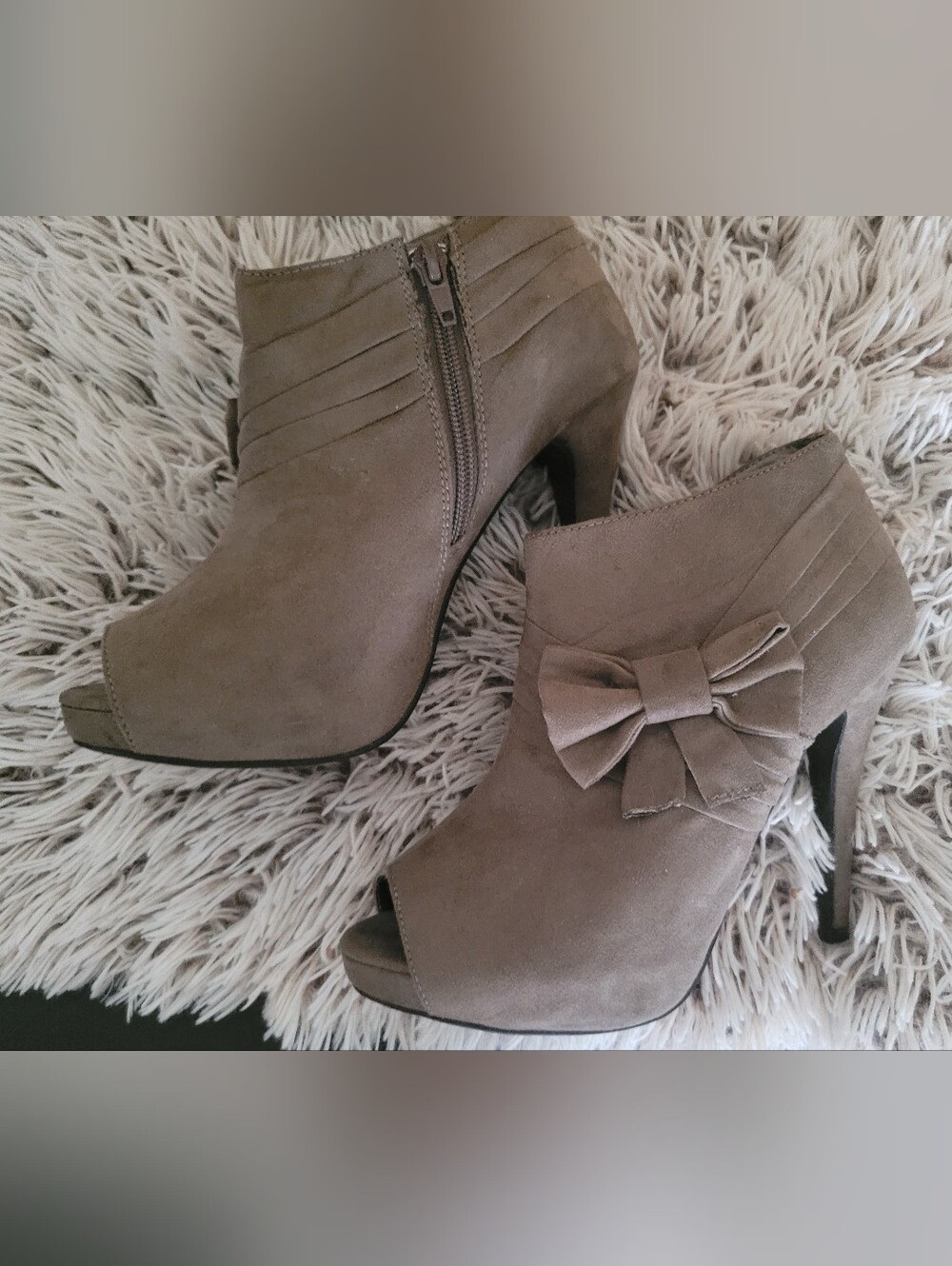 Windsor Taupe Suede Peep-Toe Ankle Boots with Bow